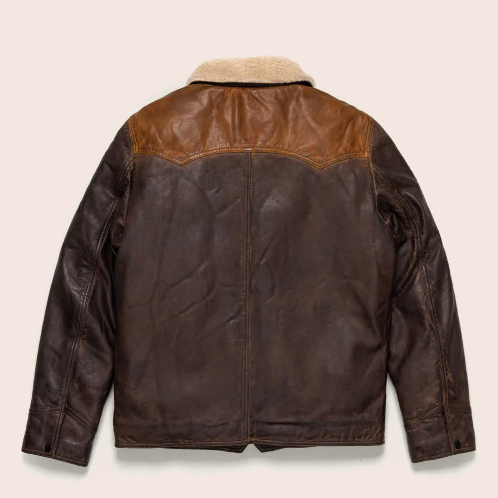 Men’s Sheepskin Double Tone Brown Sherpa Western Leather Jacket by Avanzar