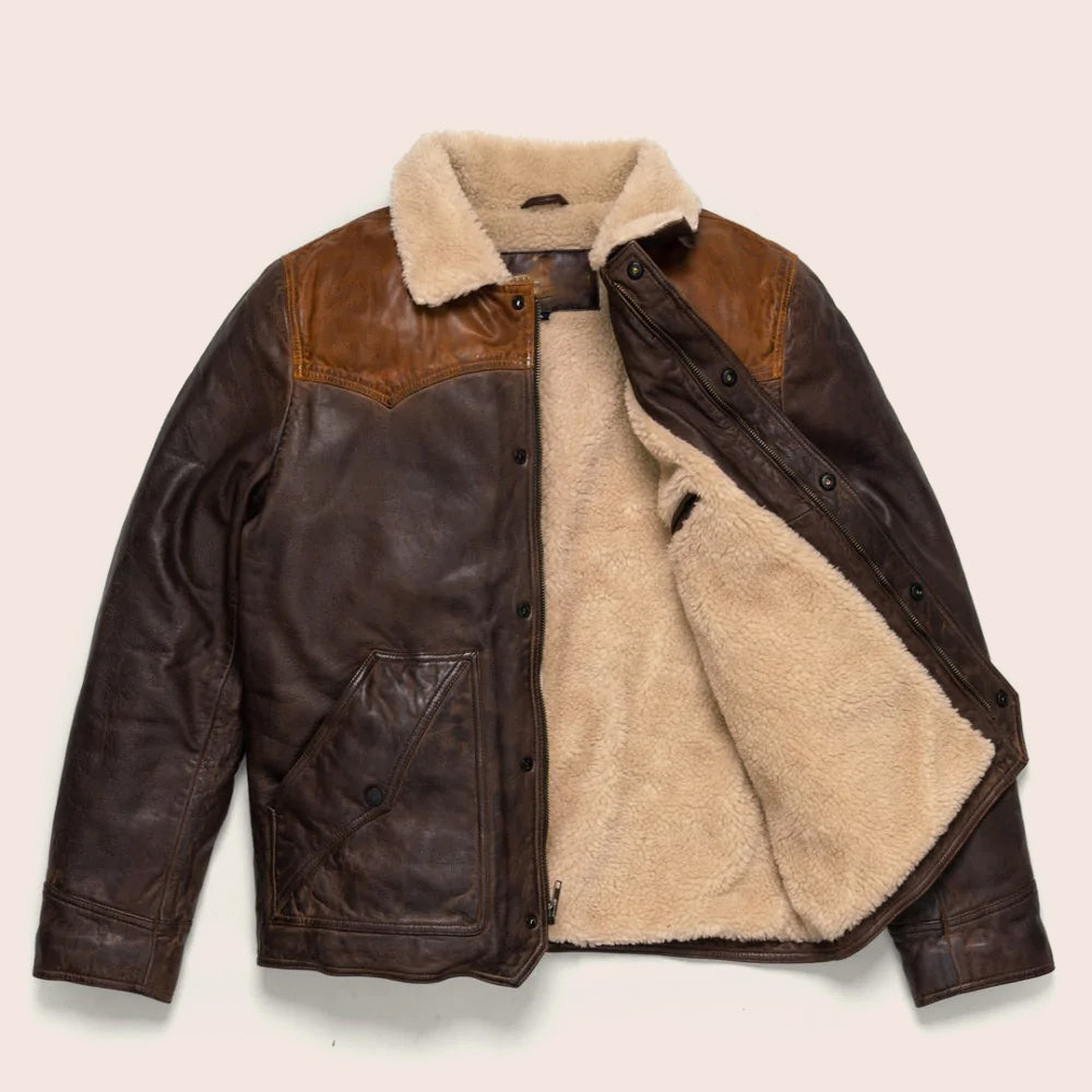 Men’s Sheepskin Double Tone Brown Sherpa Western Leather Jacket by Avanzar