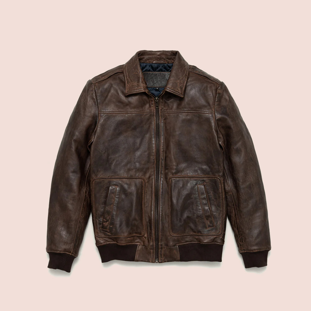 Men's Vintage Lambskin A2 Brown Leather Bomber Jacket - Classic & Timeless