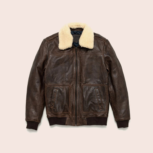 Men's Vintage Lambskin A2 Brown Leather Shearling Bomber Jacket - Timeless & Warm
