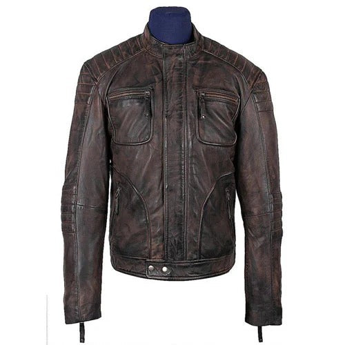 Men’s Benton Distressed Brown Moto Style Leather Jacket Rugged Biker Classic
