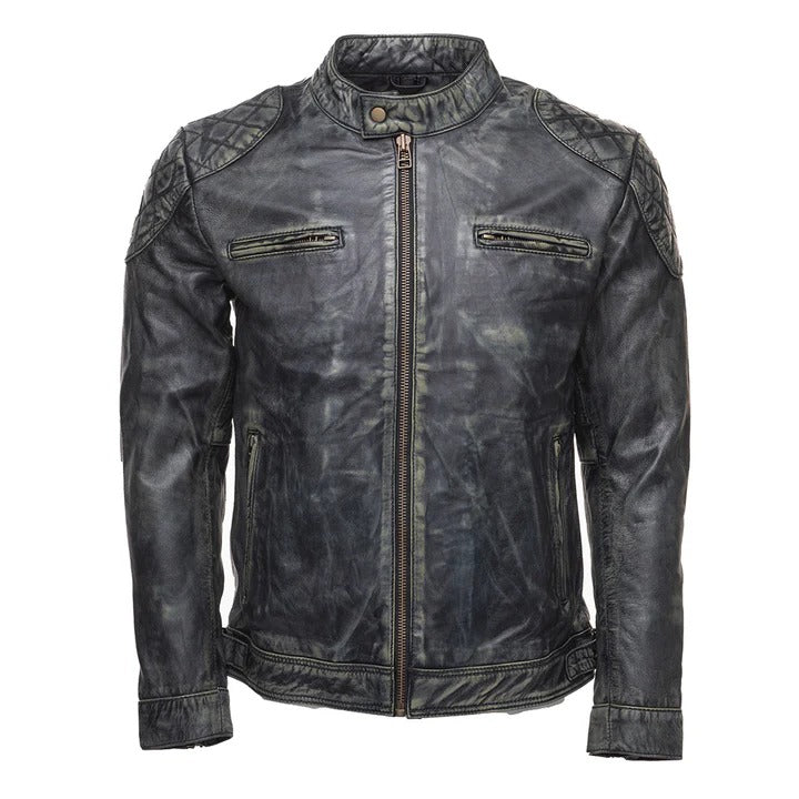 Men’s Black Stone Wash Café Racer Leather Jacket Modern Retro Biker Look