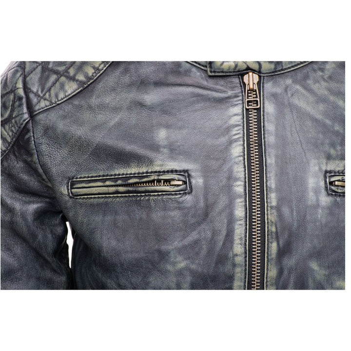 Men’s Black Stone Wash Café Racer Leather Jacket Modern Retro Biker Look