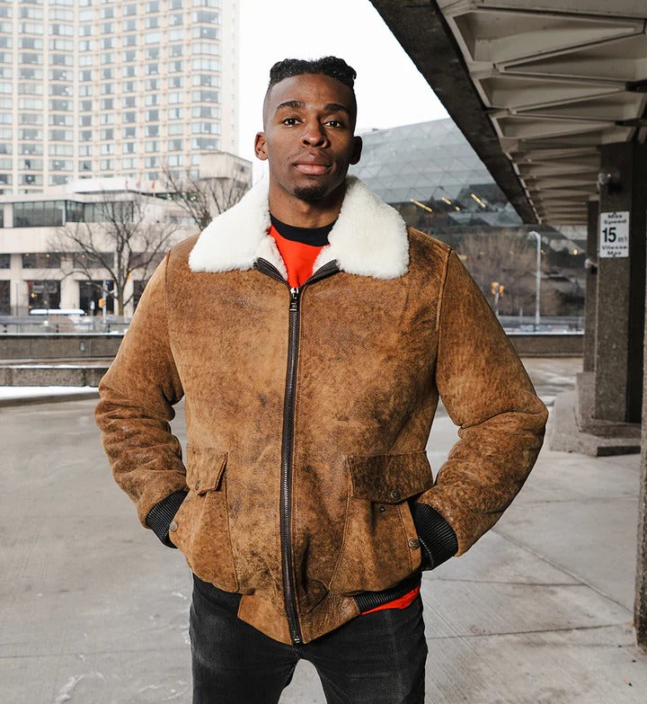 Men’s Distressed Brown A2 Bomber Shearling Jacket
