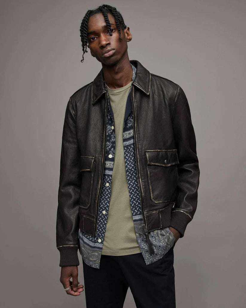Men's Distressed Leather Bomber Harrington Jacket in Black Bold Elegance