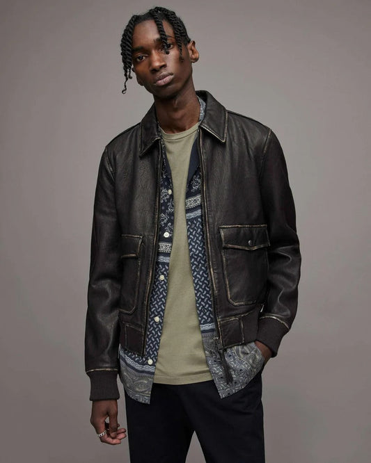 Men's Distressed Leather Bomber Harrington Jacket in Black Bold Elegance
