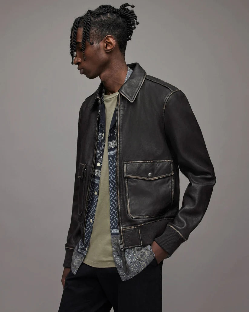 Men's Distressed Leather Bomber Harrington Jacket in Black Bold Elegance