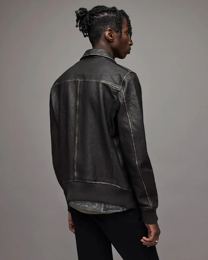Men's Distressed Leather Bomber Harrington Jacket in Black Bold Elegance