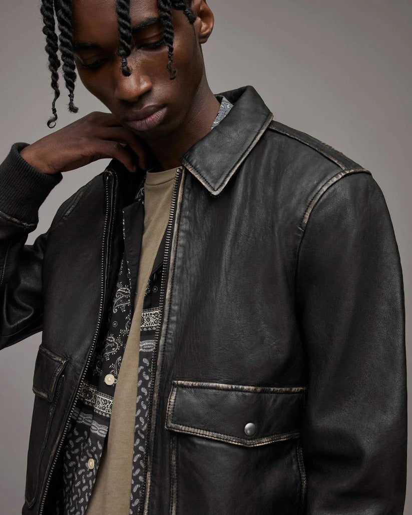 Men's Distressed Leather Bomber Harrington Jacket in Black Bold Elegance