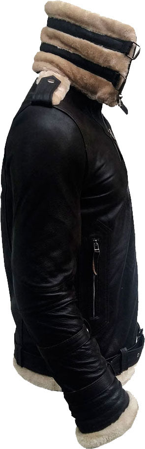 Men’s Double Collar Leather Jacket with Luxurious Fur