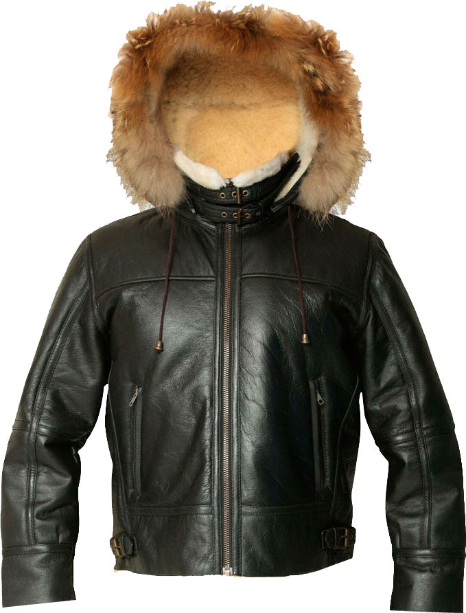Men's Hooded Flight Bomber Leather Jacket with Fur by Avanzar