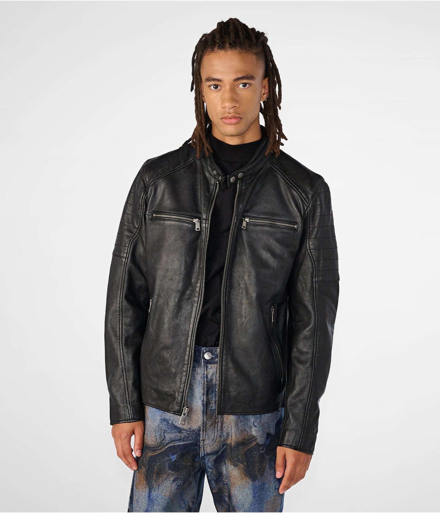 Men's Black Leather Cafe Racer Biker Jacket - Stylish & Rugged