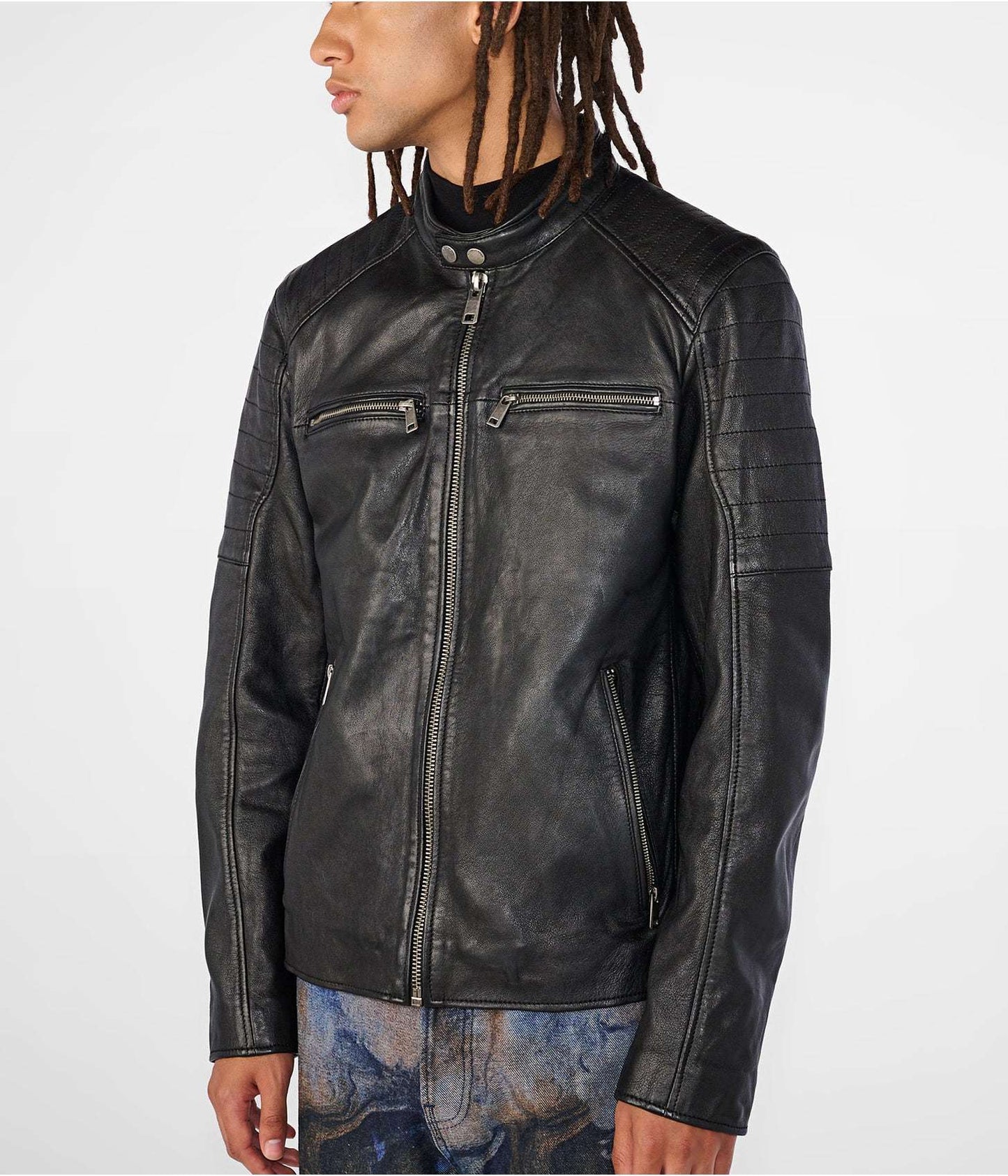 Men's Black Leather Cafe Racer Biker Jacket - Stylish & Rugged