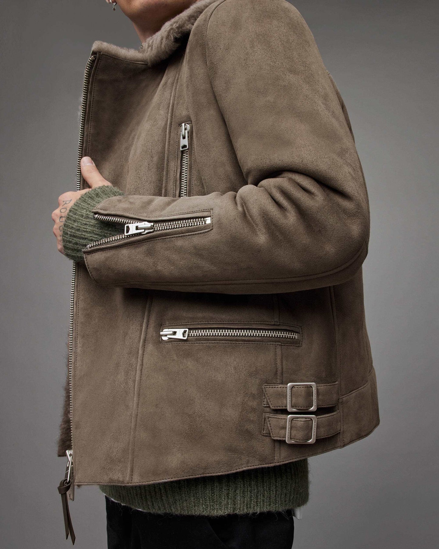 Men's Beige Gray Leather Shearling Biker Jacket - Rugged & Warm