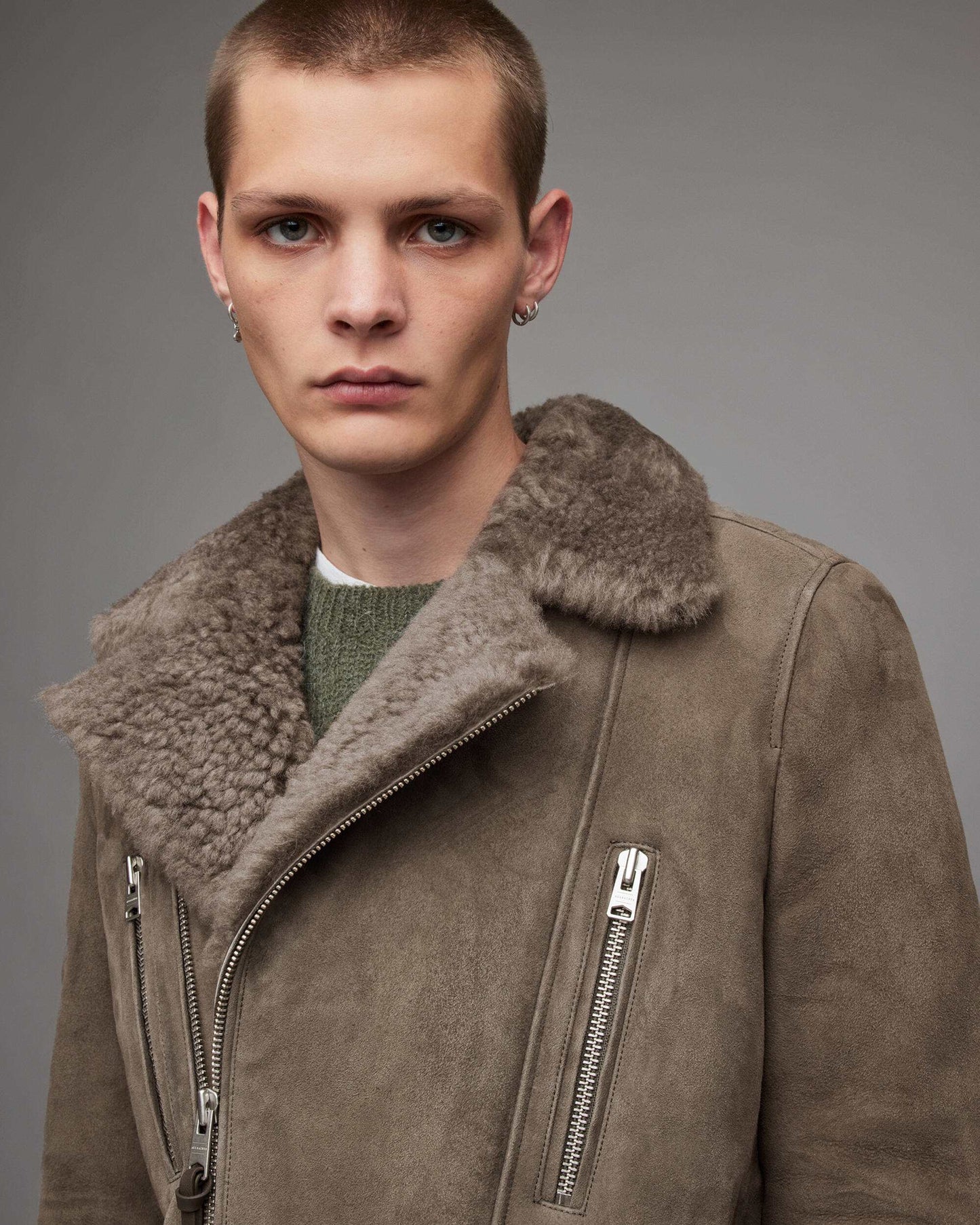 Men's Beige Gray Leather Shearling Biker Jacket - Rugged & Warm