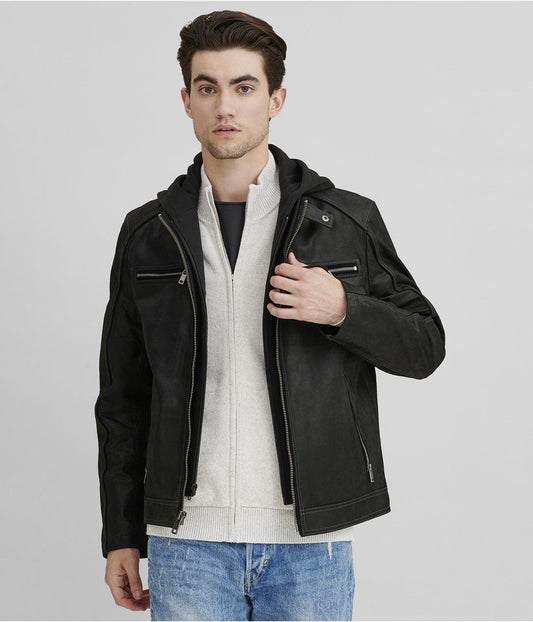 Men's Black Suede Leather Cafe Racer Jacket - Premium Style