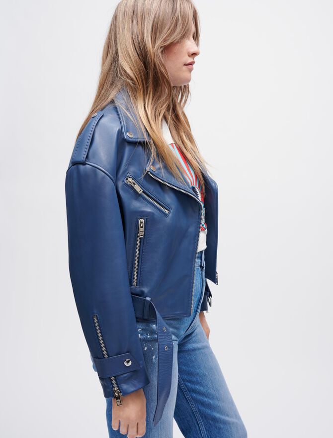 Women's Wine Blue Biker Leather Jacket With Belt