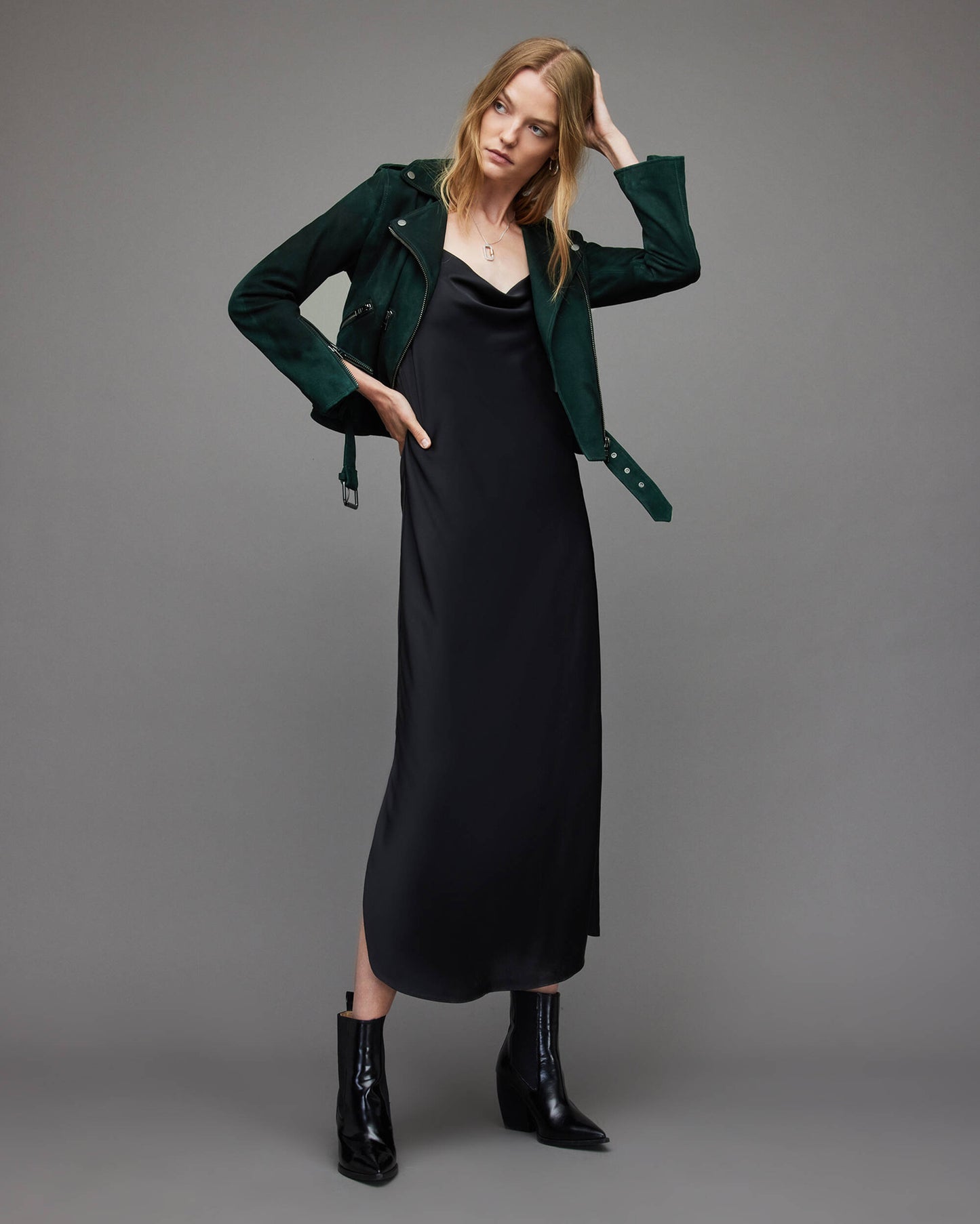 Women's Royal Green Suede Biker Leather Jacket With Belt