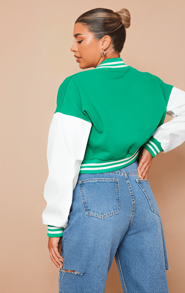 Women's Green Cropped Varsity Bomber Leather Jacket