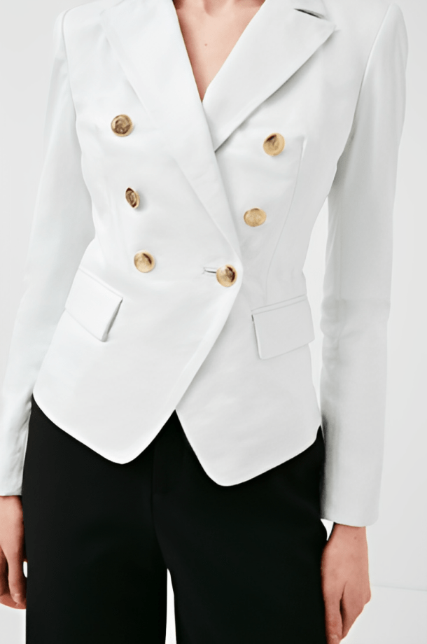 Women's White Leather Blazer with Golden Buttons