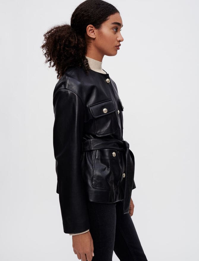 Women's Black Leather Jacket with Belted Waist
