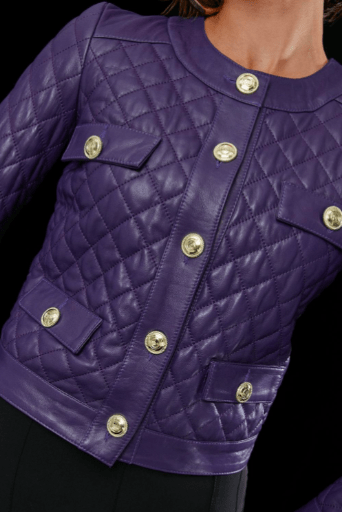 Women's Quilted Leather Trucker Jacket in Violet