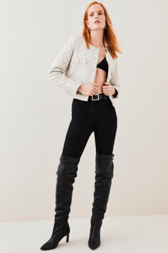 Women's Quilted Leather Trucker Jacket in White