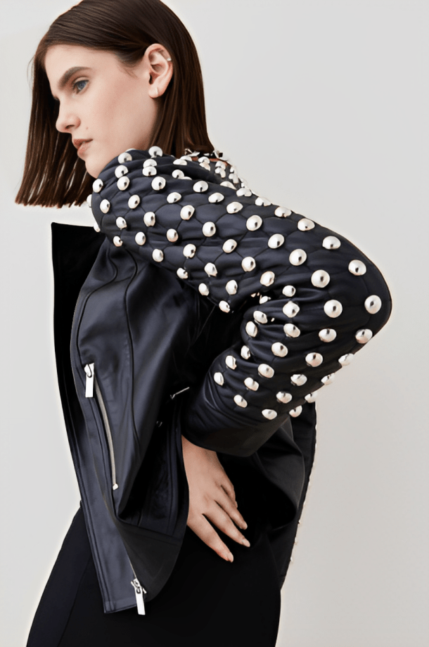 Women's Black Quilted Studded Leather Jacket