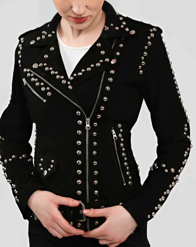 Women's Black Studded Suede Leather Biker Jacket