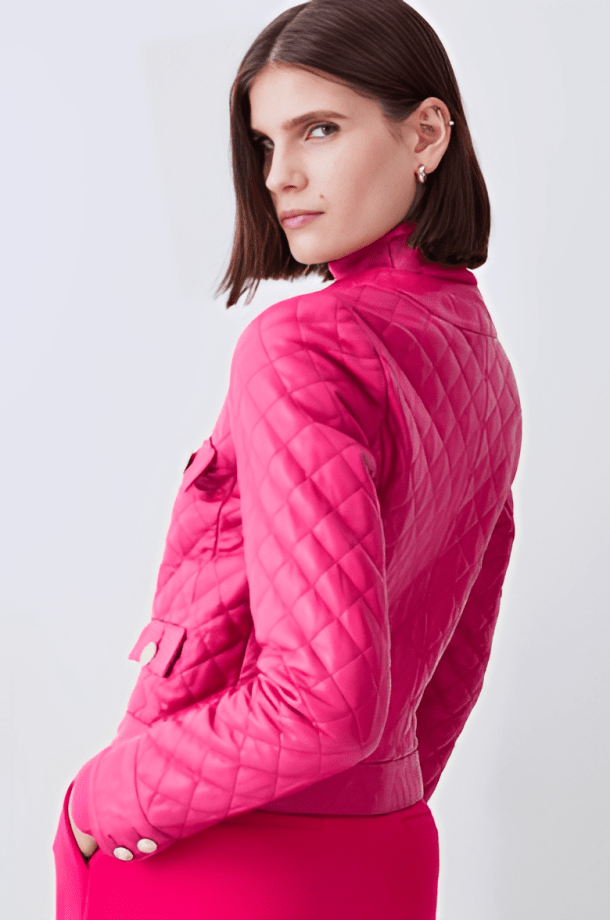 Women's Quilted Leather Trucker Jacket in Pink