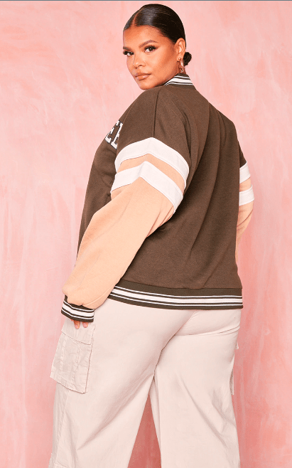 Women's Brown Varsity Bomber Leather Jacket with Pink Sleeves - Stylish and Unique