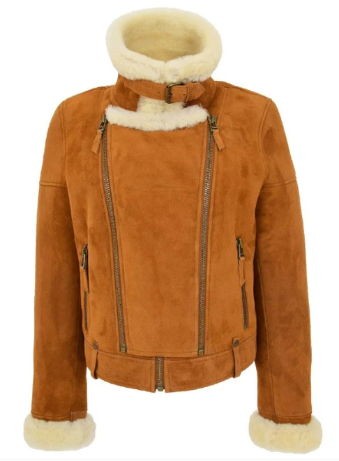 Women's Brown Sheepskin Leather Biker Jacket