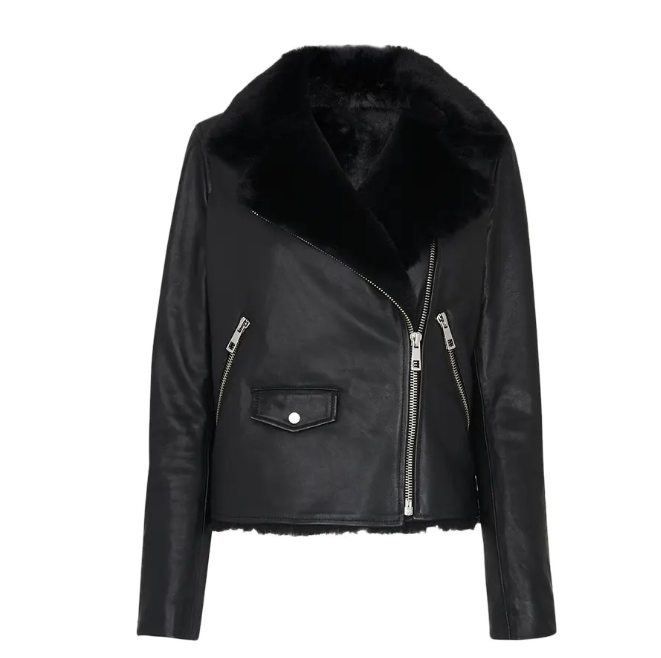 Women's Black Sheepskin Fur Leather Biker Jacket