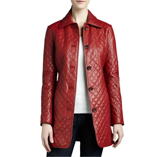 Quilted Red Mid-Length Leather Women’s Coat  Avanzar Leather