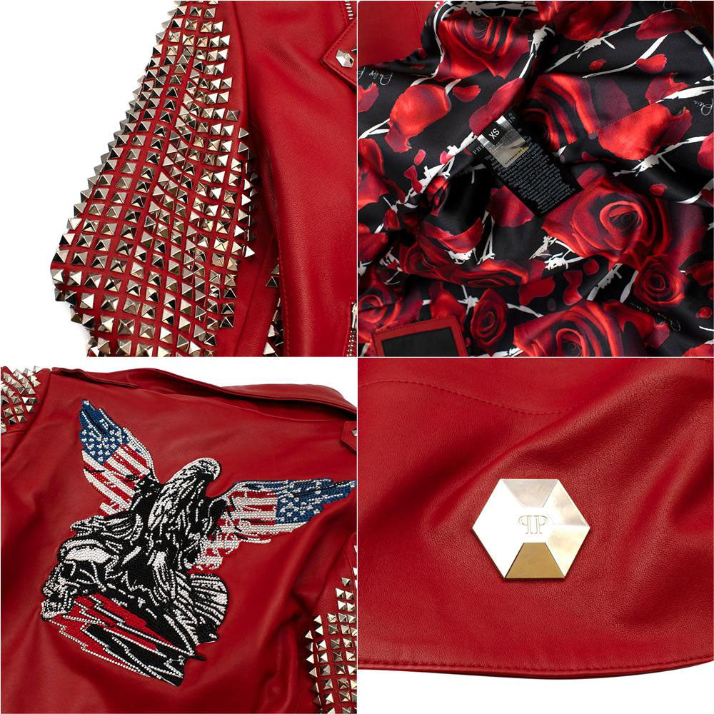 New Women's Red Studded Fashion Motorcycle Leather Biker Jacket