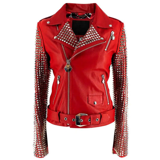New Women's Red Studded Fashion Motorcycle Leather Biker Jacket