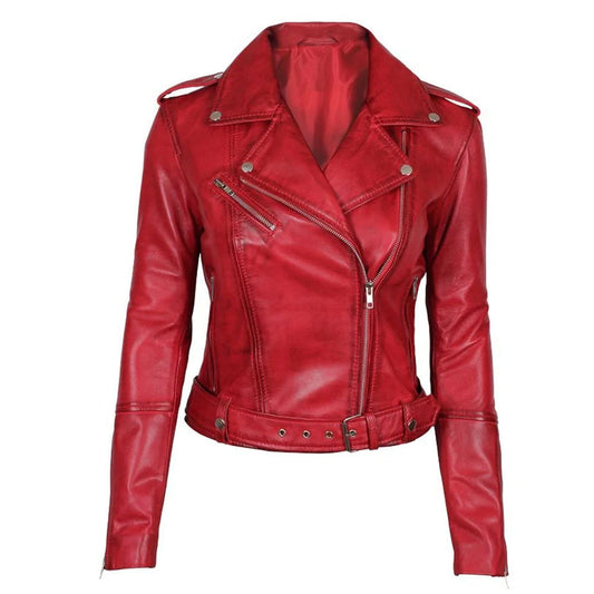 Stylish Women's Red Leather Biker Jacket