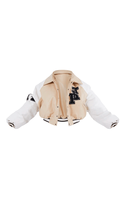 Women's Beige Varsity Bomber Leather Jacket with White Sleeves - Elegant and Trendy