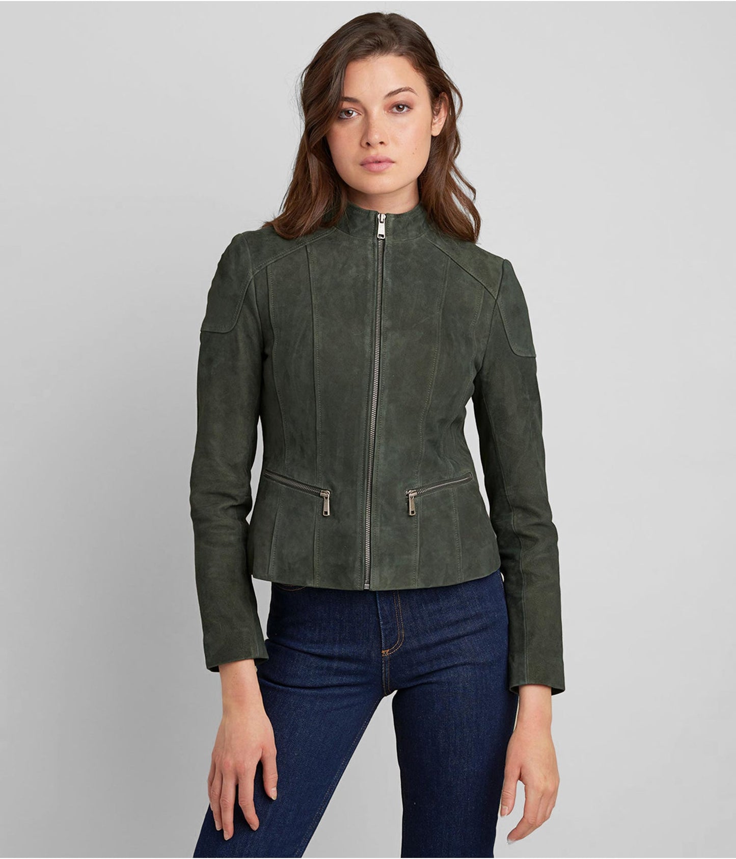 Women’s Suede Leather Biker Jacket in Olive