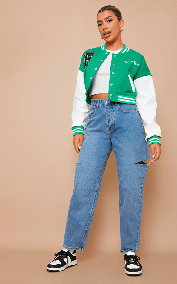 Women's Green Cropped Varsity Bomber Leather Jacket