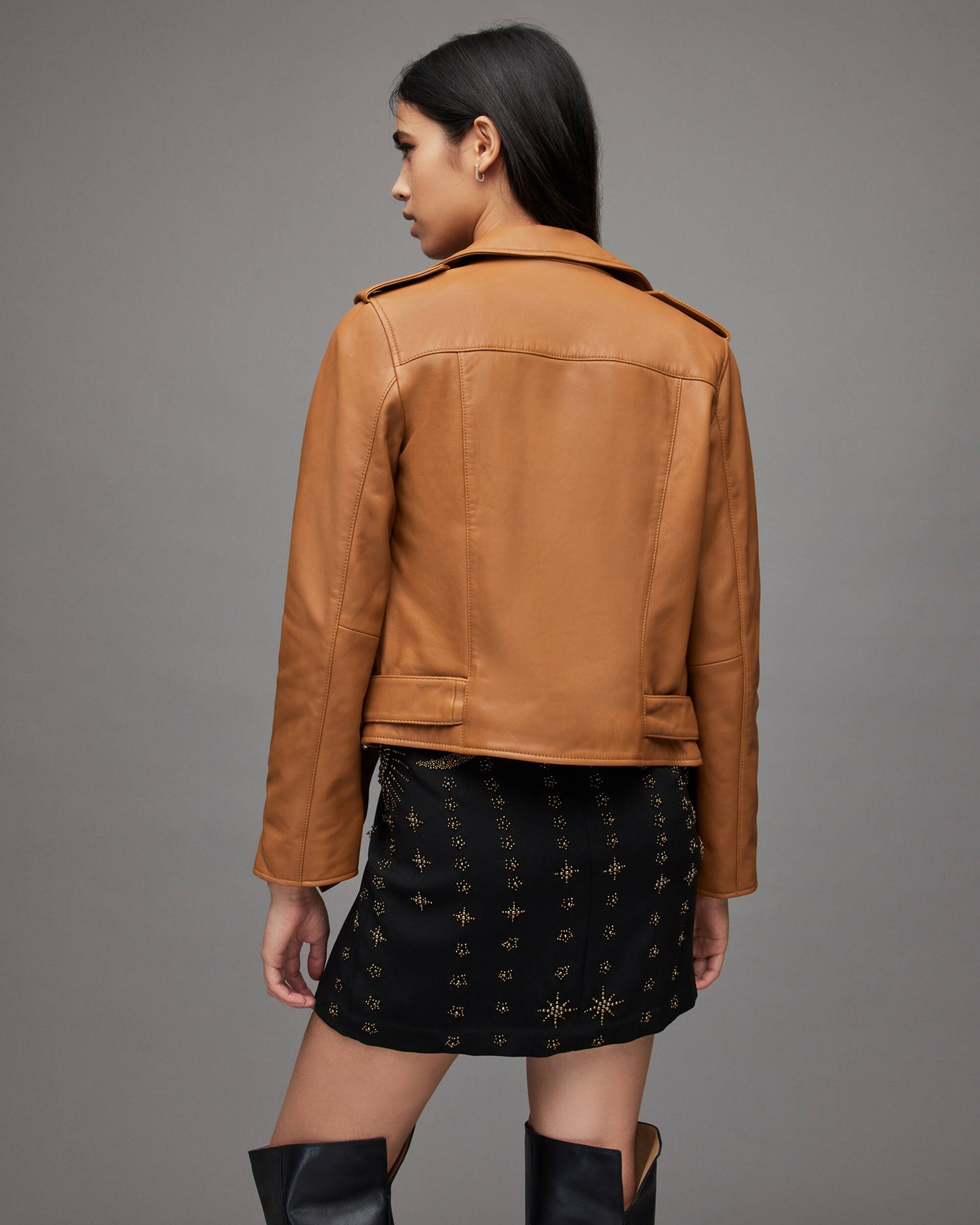 Women's Tan Brown Leather Biker Jacket