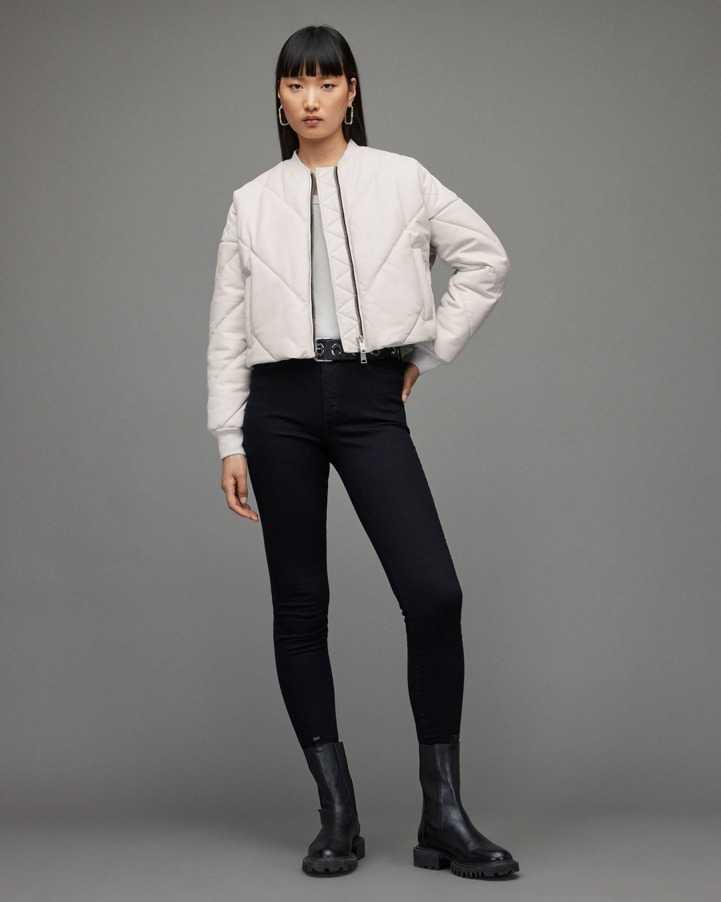 Women's White Puffer Leather Jacket - Elegant and Cozy