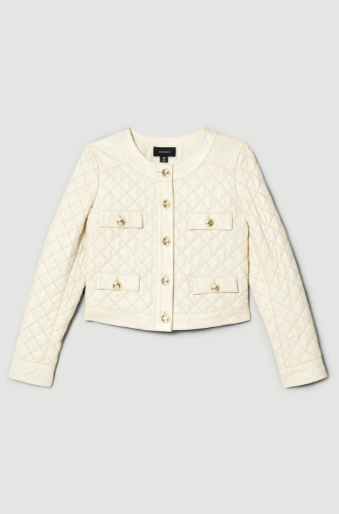 Women's Quilted Leather Trucker Jacket in White