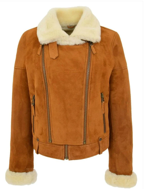 Women's Brown Sheepskin Leather Biker Jacket