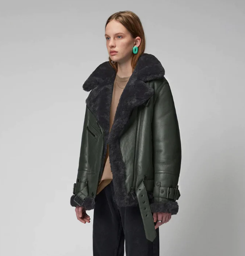 Women's Khaki Sheepskin Bomber Biker Leather Jacket