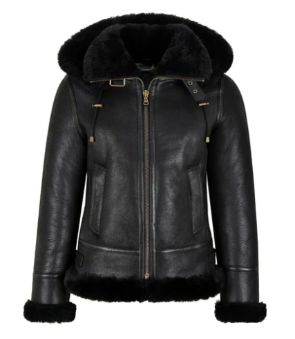 Women's Black Sheepskin Bomber Leather Jacket with Hood