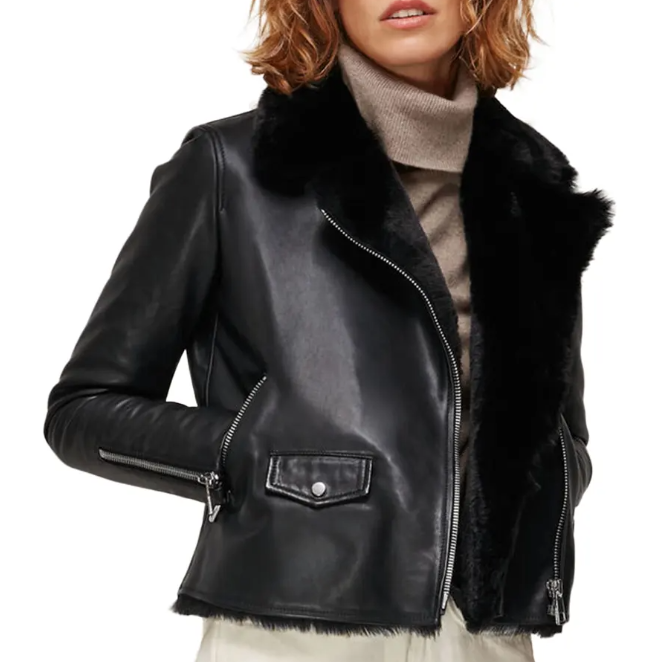 Women's Black Sheepskin Fur Leather Biker Jacket