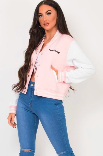 Women's Pink Varsity Bomber Leather Jacket