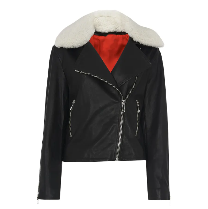 Women's Black Biker Leather Jacket with White Sheepskin Fur