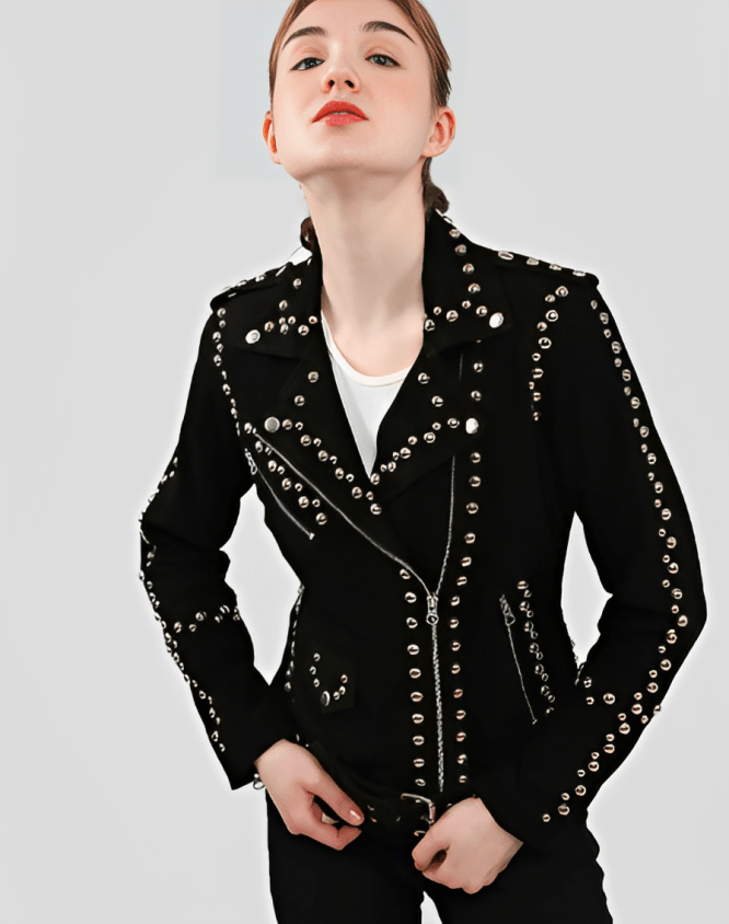 Women's Black Studded Suede Leather Biker Jacket